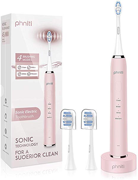 Sonic Electric Toothbrush for Adults with Wireless Charging Base,2 Replacement Brush Heads by Phniti,Pink