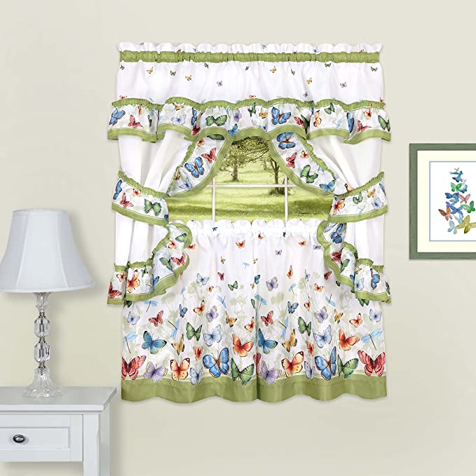 Achim Home Furnishings - BUCS24GR12 Butterflies Printed Cottage Window Curtain Set, 57" x 24", Green