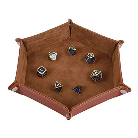 Dice Tray Metel Dice Rolling Tray Holder Storage Box for RPG DND Table Games, Double Sided Folding Thick PU Leather and High-Class Velvet Camel