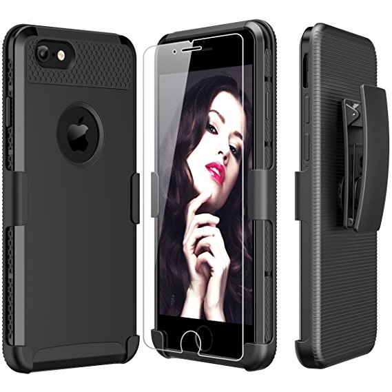 iPhone 6 Case, iPhone 6s Case - ROITON Dual Layer Kickstand Belt Clip Holster combo case with FREE [iPhone 6 6s Screen Protector] (Black)