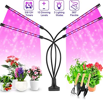 Grow Light for Indoor Plant, Semai 4 Head Plant Light Auto Timer 10 Adjustable Level 3/9/12H LED Grow Light for Potted, 40W 360°Adjustable Gooseneck Plant Light with Clip