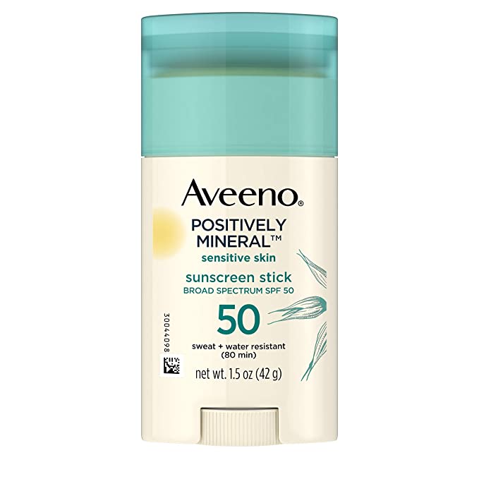 Aveeno Positively Mineral SPF 50 Sunscreen Stick for Sensitive Skin, 100% Zinc Oxide, Sweat- & Water-Resistant Face and Body Sunscreen Stick, Fragrance-Free, Travel Size, 1.5 oz