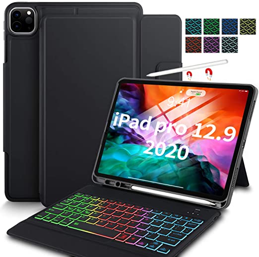 IVSO Keyboard Case for iPad Pro 12.9 inch 2020-4th Gen / 2018-3rd Gen, One-Piece Wireless Keyboard [Compatible Apple Pencil Charging] - Auto Wake Sleep iPad Pro 12.9 Case with Keyboard - Backlit Black