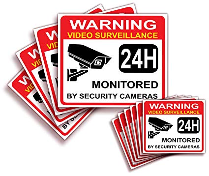 Video Surveillance Warning Sign Sticker - Decal, 10x Pack, (4)7"x6" in, (6)3.5”x3” in, CCTV Security Premium Self-Adhesive Vinyl, Laminated for Ultimate UV Protection, Bubble Free Application.