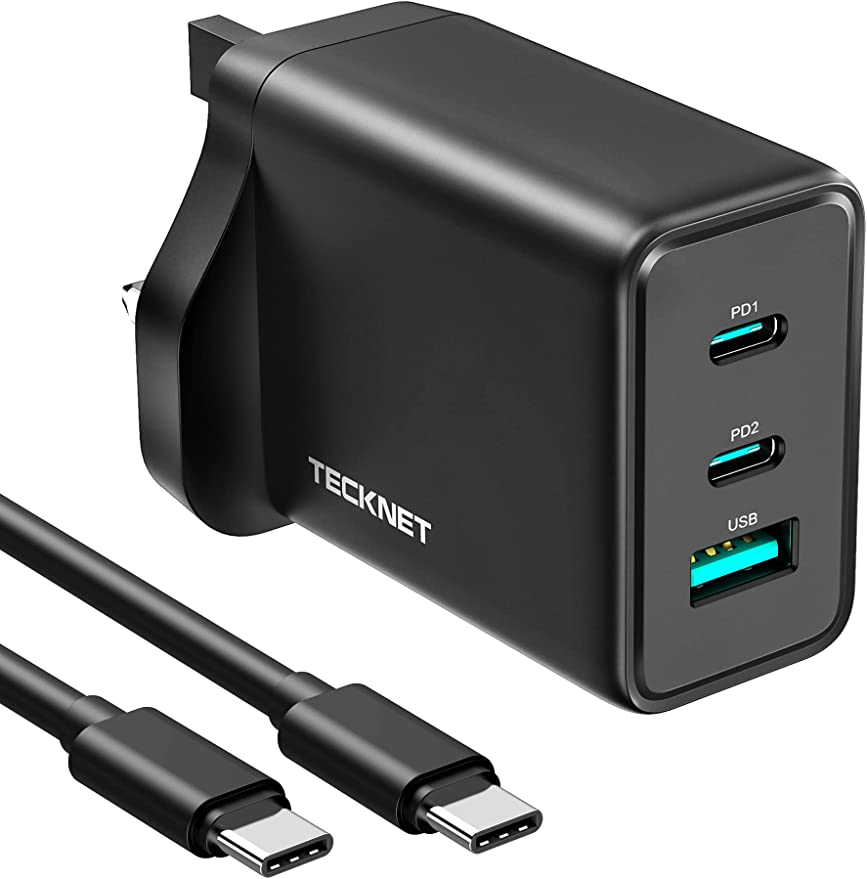 TECKNET 65W USB C Charger Plug 3-Port PD 3.0 GaN Type C Fast Charging Wall Power Adapter Compatible with MacBook, iPad Air/Mini, iPhone, Pixel 6, Galaxy S22, Dell XPS Laptop, 1.5m USB C Cable Included