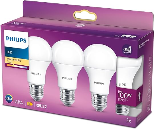 Philips LED A60 3 Pack Frosted Light Bulbs [E27 Edison Screw] 13W - 100 W Equivalent, 220 - 240V, Warm White 2700K, Non Dimmable