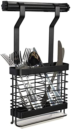 Eastore Life Utensil Drying Rack with Draining Tray, Kitchen Utensil Organizer, Stainless Steel Sinkware Caddy, Hanging Rod Included, Black
