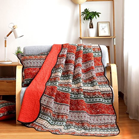 NEWLAKE Quilt Throw Blanket with Classical Floral Patchwork, Orange Jacquard