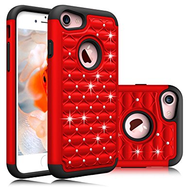 iPhone 7 Case, Heng Tech (TM) Hybrid Dual Layer Hard & Soft Studded Rhinestone Crystal Bling Diamond Armor Defender Anti-Drop Case Cover for Apple iPhone 7 4.7 inch (Red)