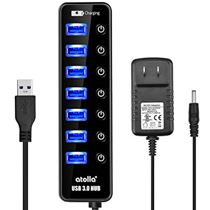 Powered USB Hub Port Splitter - (2017 Version) atolla CH207U3 7 Port USB 3 Hub with Fast Charging Port for Mac Apple Macbook Surface Pro Multi Port Extender with Power Supply, On/off switch, 60cm Cord