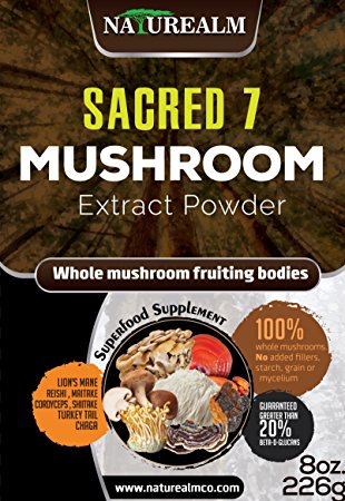 Sacred 7 Organic Mushroom Extract Powder made with Whole Mushrooms, Reishi, Maitake, Cordyceps, Shiitake, Lion's Mane, Turkey Tail, Chaga, 8 oz. 226 grams / 100  servings