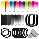 Complete Square Filter Kit Compatible with Cokin P Series - Includes Graduated Color Green Yellow Purple Orange Pink Brown Blue and Red Filters  Graduated ND2 ND4 ND8 and Full ND2 ND4 ND8 Filters  52 55 58 62 67 72 77MM Adapter Rings  2 Filter Holder  2 Lens Hood  Premium MagicFiber Microfiber Cleaning Cloth