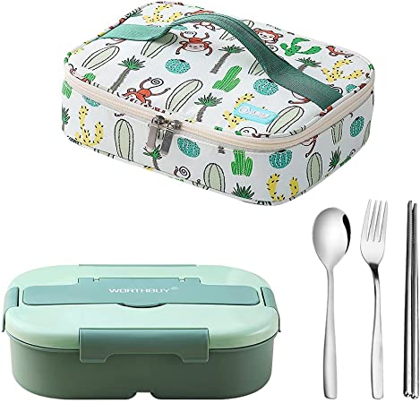 ArderLive Bento Lunch Box for Adult, Lunch Container 41oz with Utensil and Bag, 3-Compartment with Bowl, BPA-Free, Microwave and Dishwasher Safe, Food-Safe, Green
