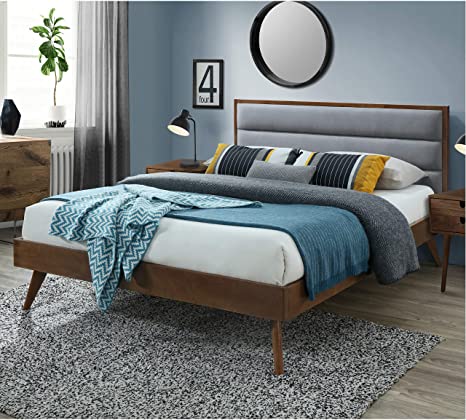 DG Casa Orlando Mid Century Modern Platfrom Bed Frame with Tufted Upholstered Headboard, Queen Size in Grey Fabric