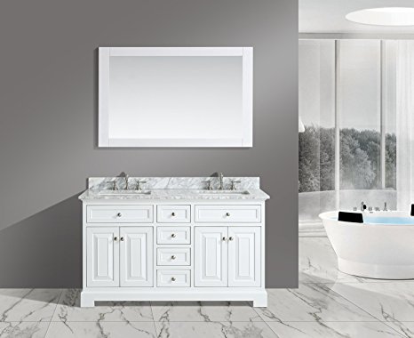 UrbanFurnishing.net Rochelle 60-Inch (60") Bathroom Sink Vanity Set with White Italian Carrara Marble Top - White