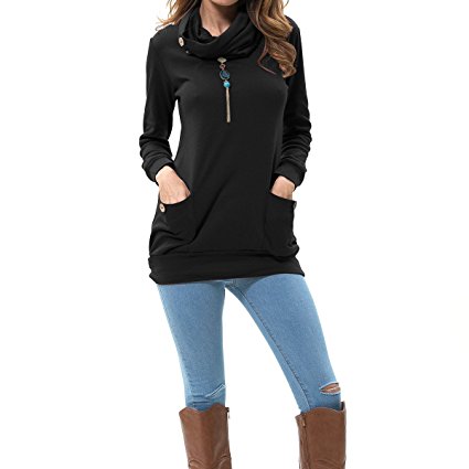 Levaca Womens Long Sleeve Button Cowl Neck Casual Slim Tunic Tops With Pockets