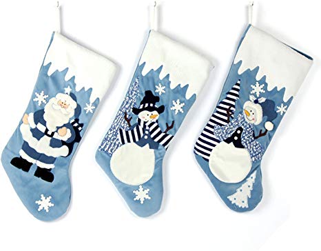 Etistta Classic 19 inch Blue Christmas Stockings Set of 3, Blue Silver Christmas Decor Velvet Applique Stockings for Christmas Fireplace Decorations - Santa, Snowman