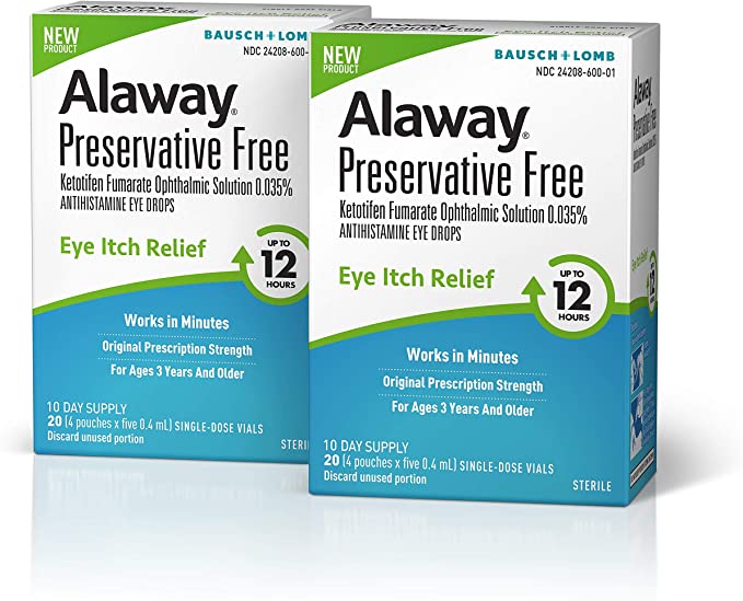 Alaway Allergy Eye Drops, Preservative Free Antihistamine Eye Drop for up to 12 Hours of Dry Eye and Eye Itch Relief, 20 Single-Dose Vials (Pack of 2)