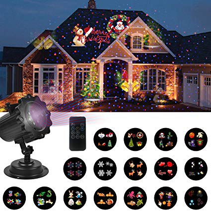 UNIFUN Christmas Lights, Decorations Lights Projector with Red Blue Star -16 Slides LED Landscape Projection Lights for Christmas, New Year and Holiday Decorations with Remote Control and Timer