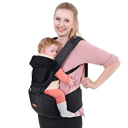 Unichart Baby Carrier, Multifunction 6-in-1 Baby Carrier with Hip Seat for Breastfeeding, All Seasons, Adapt to Newborns Infants Toddlers, Perfect for Hiking Shopping Travelling (Black)