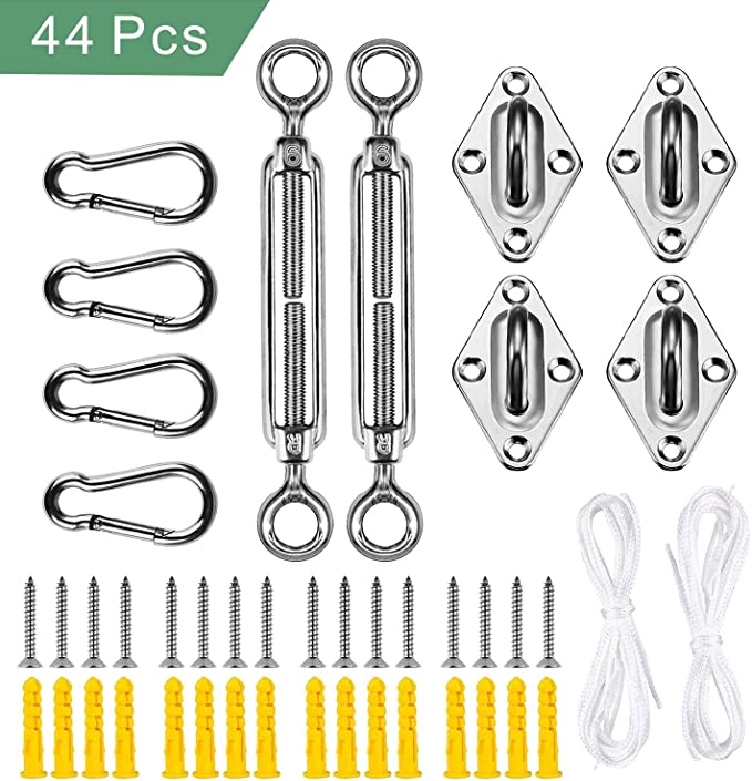 weiatas Sun Shade Sail Hardware Kit with Rope, Heavy Duty Stainless Steel Installation Kit for Rectangle Square Triangle Shade Sails, 44 Pcs