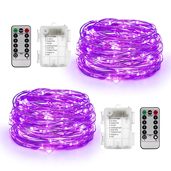 YIHONG 2 Set String Lights 8 Modes Battery Operated 16.4ft 50Leds Fairy String Lights Firefly Twinkle Lights with Remote Control for Christmas Bedroom Garden Wedding Party Indoor Decor-Purple