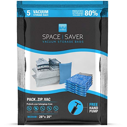 Sorbus Vacuum Storage Bags [5 Pack - 28 x 20 Inches] Reusable Space Saver Clothes Compression Bags for Home, Travel and College, Pump Included (Medium)