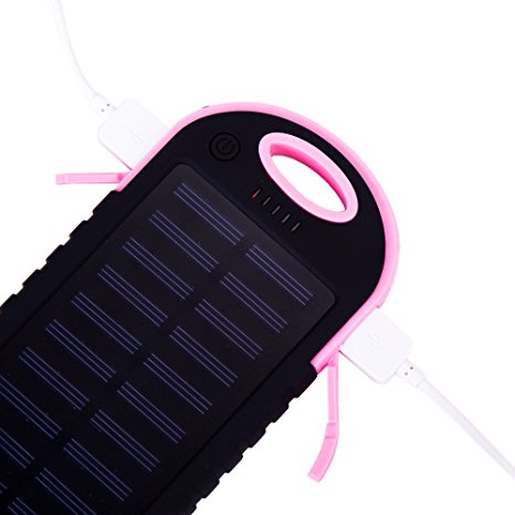 Solar Charger, 5000mAh Waterproof Portable Solar Power Bank Dual USB output Solar Backpack Charger with Portable Camping Light and Compass for iphone android phone charger battery (Pink)