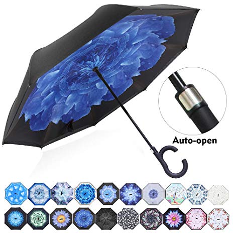 ZOMAKE Auto Open Reverse Umbrella - Inverted Double-Layer Waterproof Straight Umbrella, Self-Standing & C Shape Handle & Umbrella Cover for Easy Bringing, Inside-Out Folding ideal for Drivers & Passengers (Cornflower)