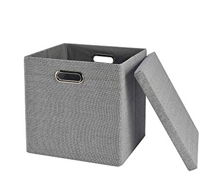 Perber Collapsible Storage Cubes Bins 13"x13"13", Foldable Heavy-Duty Burlap Fabric Storage Box Basket Containers Lids - Large Organizer Removable Divider Nursery Toys,Kids Room,Towels, Grey 1-Pack