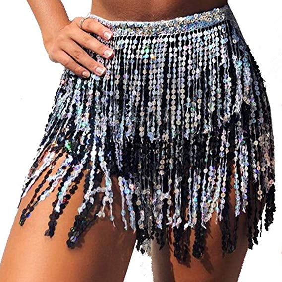 Women's Summer Beach Wrap Sequins Tassel Mini Skirts Music Festival Hip Scarf Belt Skirt