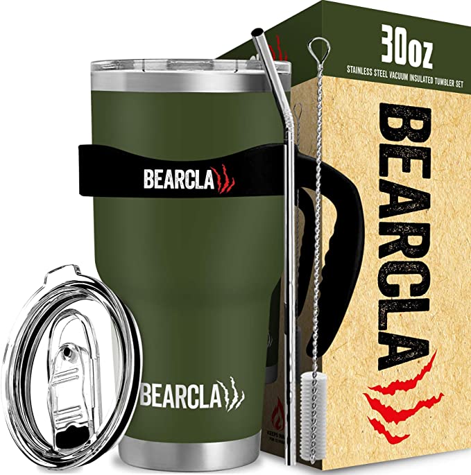 BEARCLAW Army Green Tumbler With Straw - 2 Leak Proof Lids, Twist On Technology NO MORE LEAKS - Stainless Steel Insulated 6-Piece Set 30 oz