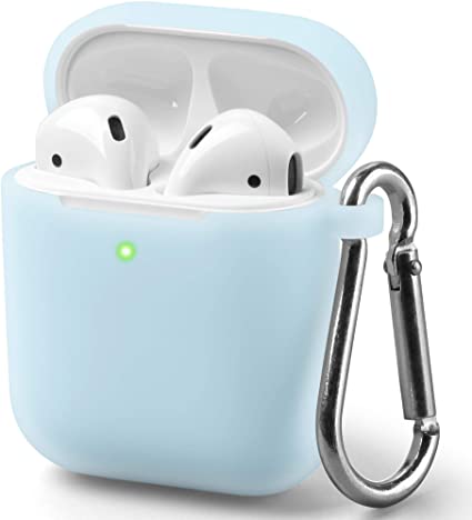 AirPods Case [Front LED Visible], GMYLE Silicone Protective Shockproof Wireless Charging Airpods Earbuds Case Cover Skin with Keychain Set Compatible for Apple AirPods 1 & 2 - Light Blue