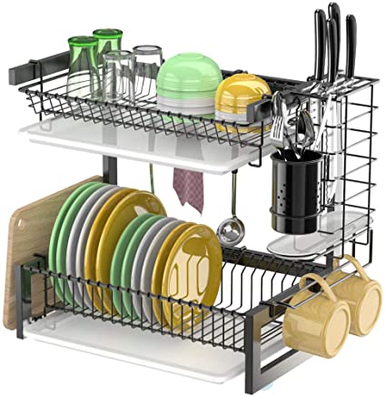 Dish Drying Rack, Packism 2 Tier Large Stainless Steel Dish Rack for Kitchen Countertop Organizer, Anti Rust Dish Drainer Shelf with Drain Board, Utensil Holder, Black