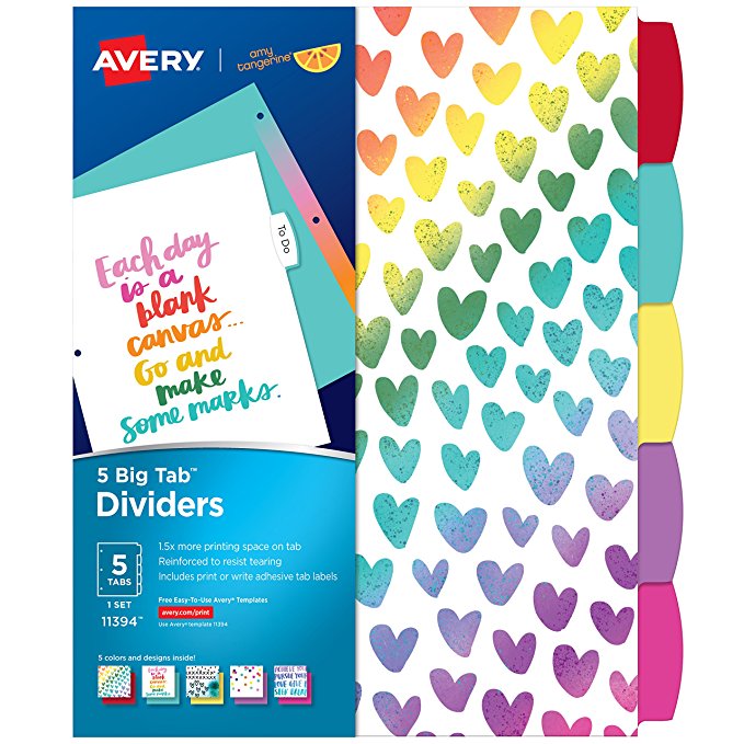 Avery   Amy Tangerine Designer Collection Big Tab Dividers, Rainbow Vibes, 5-Tab Set (11394)