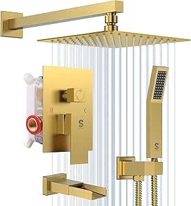 SR SUN RISE 8 Inches All Metal Square Shower System with Tub Spout, Tub Shower Faucet Set, High Pressure Rain Shower Head and Handheld Sprayer Combo Shower Fixtues, Valve Included, Brushed Gold