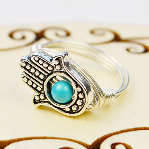 Hamsa Hand and Turquoise Howlite Gemstone Wire Wrapped Ring- Choice of Sterling Silver or Gold Filled Wire- Custom made to size 4-14