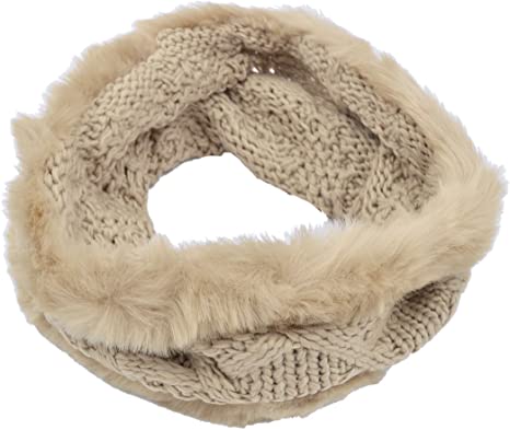 Premium Solid Color Winter Diamond Knit Faux Fur Trim Infinity Loop Circle Scarf