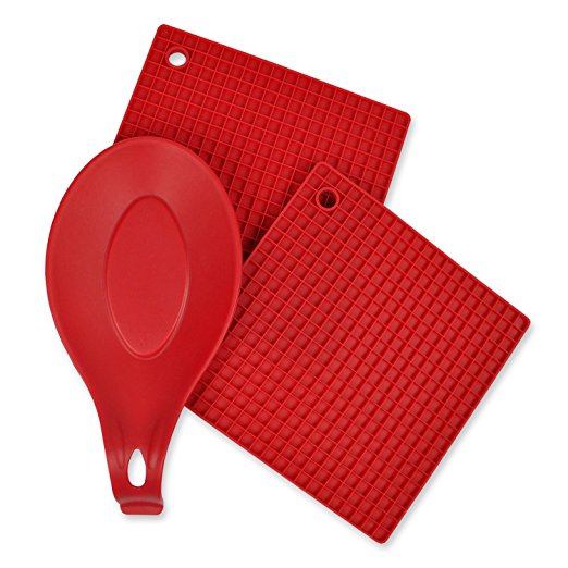 DII Kitchen Millennium, 2-Piece, Heat Resistant, Seamless, Non Stick, Dishwasher Safe, BPA Free, Silicone Kitchen Set, Includes Potholder & Spoon Rest- Red