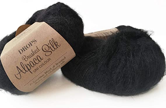 Fluffy Superfine Alpaca and Silk Yarn, Drops Brushed Alpaca Silk, Light and Warm 0.9 oz 153 Yards per Ball (16 Black)