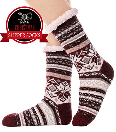 EBMORE Womens Fuzzy Slipper Socks Fleece Lined Warm Christmas Cozy Winter Socks with Grippers