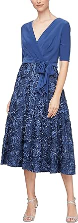 Alex Evenings Womens Tea Length Jersey and Rosette Lace Dress (Petite and Regular)