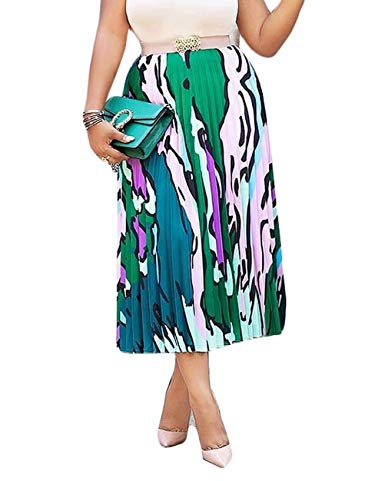 ThusFar Women's Graffiti Pleated Skirts Cartoon Printed Elastic Waist A-Line Swing Midi Skirt