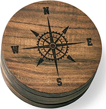 Compass Rose V2 (Nautical) Drink Coasters (Multiple Designs) - Engraved Acacia Wood Design - Set of Four