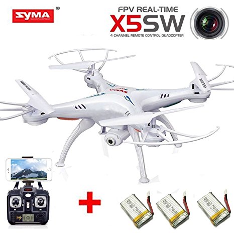 Syma X5SW with Extra 2pcs 2000mAh Battery 4CH 2.4G 6-Axis Gyro Headless Remote Controlled FPV Quadcopter Drone with 0.3MP HD Wifi Camera for Real Time Video Transmission