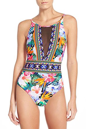 Annflat Women's Mesh V Neck Tropical Floral Print One Piece Swimsuit Swimwear