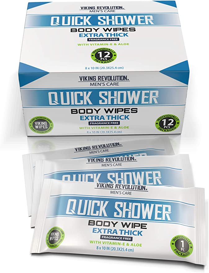 Body Wipes for Men- Gym Wipes, Shower Wipes- Disposable and Eco-Friendly- Unscented with Vitamin E and Aloe- 12 Individually Wrapped Wipes