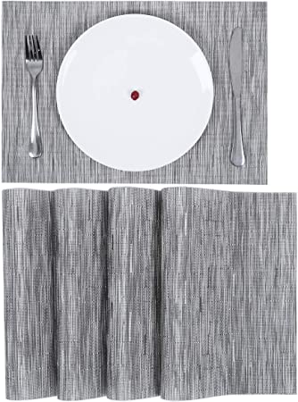 SHACOS Placemats Set of 4 Kitchen Table Placemats Weave Vinyl Heat Resistant Placemats Non Slip Table Mats Washable (4, Silver Grey)