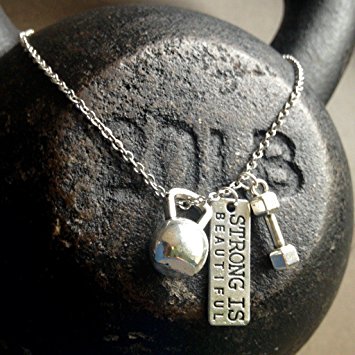 Titanium Never Tarnish Workout Necklace by Lolly Llama - Trendy Weightlifting Jewelry Necklace with "Strong is Beautiful" Charm