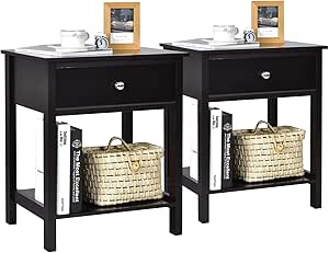 Giantex Nightstand Set of 2, Wood End Table with Drawer and Open Shelf, Night Stand for Small Spaces, 2-Tier Bedside Table for Living Room Bedroom Dorm, Easy Assembly, Black